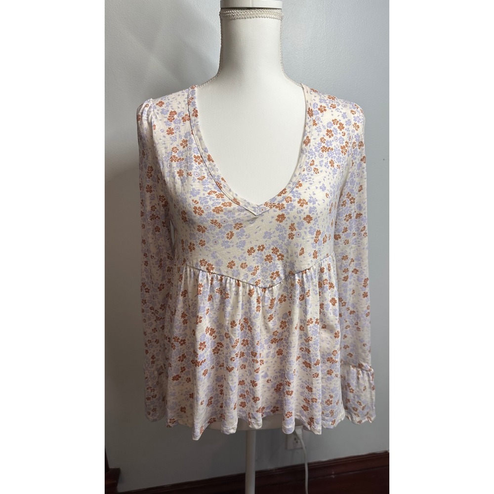 Wrangler Womens Floral Babydoll Top V-Neck Ruffle Cuff High Low Cream Small